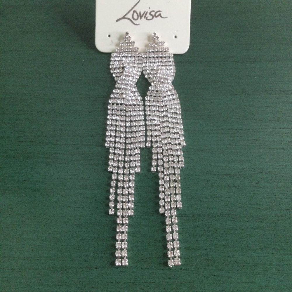 ⛔️SOLD⛔️LOVISA Silver tone Clear Rhinestone Dangle Waterfall Tassel Earrings NWT - Picture 7 of 14